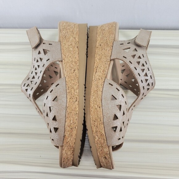 Earth Buran Rosa 8.5 Ecru Leather Wedge Sandal T Strap Ankle Cork Cut Out - Picture 11 of 13